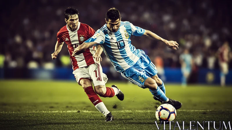 Soccer forward dribbles past defender during night match