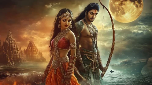 Mythic warrior couple framed by lunar-lit oceanic temple skyline