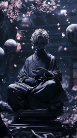 Seated robed figure statue beneath blossoms and spheres.