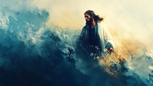 Christ-like figure emerging from turbulent spectral oceanic field.