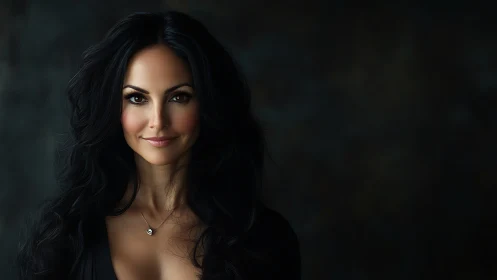 Elegant woman with long black hair in classic portrait style.