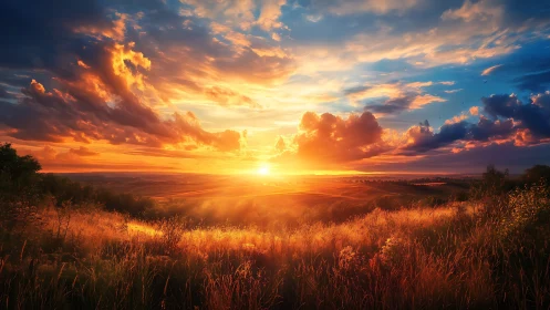 Sunset over rural fields with illuminated grass foreground.