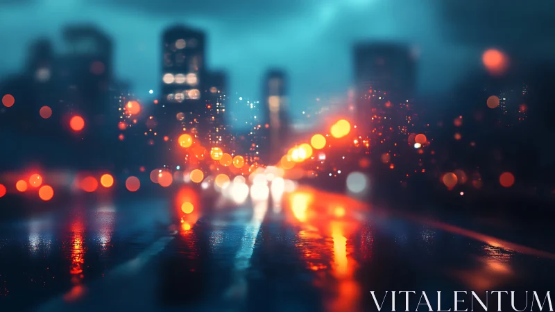 Blurred neon city street with wet reflections at night.