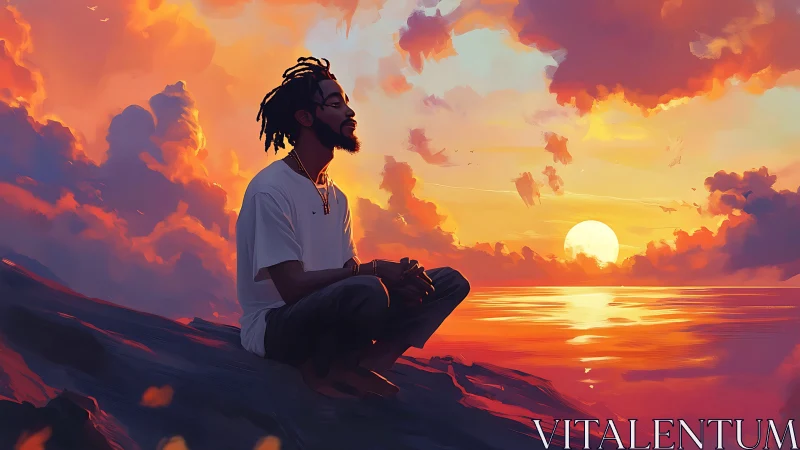 Sunset hush crowns a meditating soul above painted sea