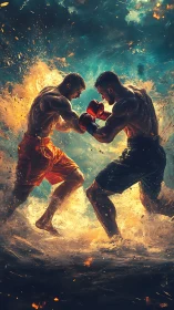 Two Boxers Clash in Inferno. Dynamic Combat Rendered in Fire.