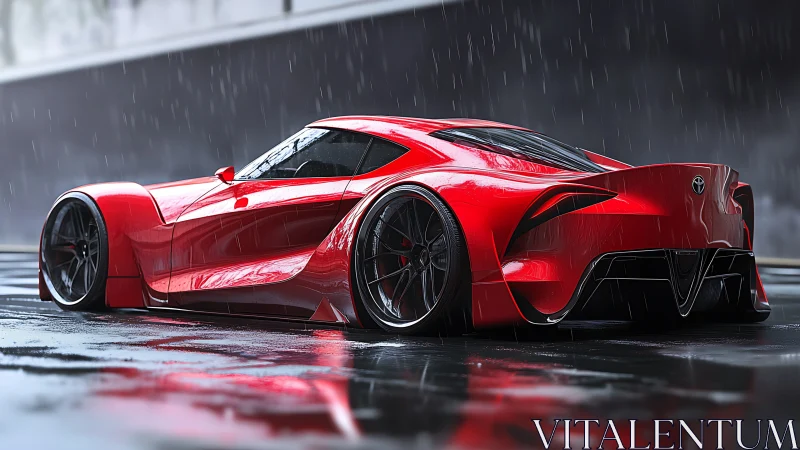 Sleek red supercar under rain on reflective city asphalt.