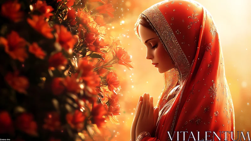 Woman in radiant red shawl pausing to pray by flowers.