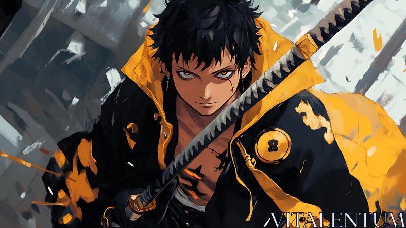 Confident anime swordsman in bold black and yellow coat.
