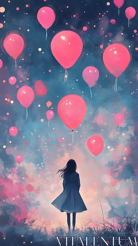 Silhouetted girl studies drifting pink balloons in twilight haze
