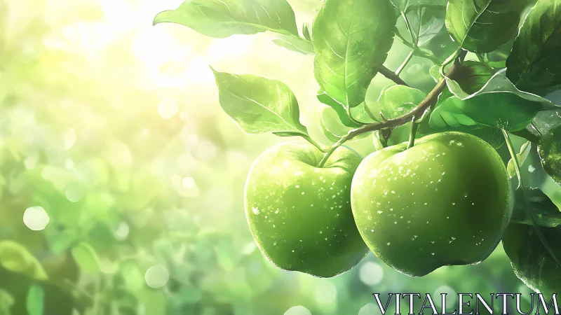 Green apples on branch in bright backlit garden setting.