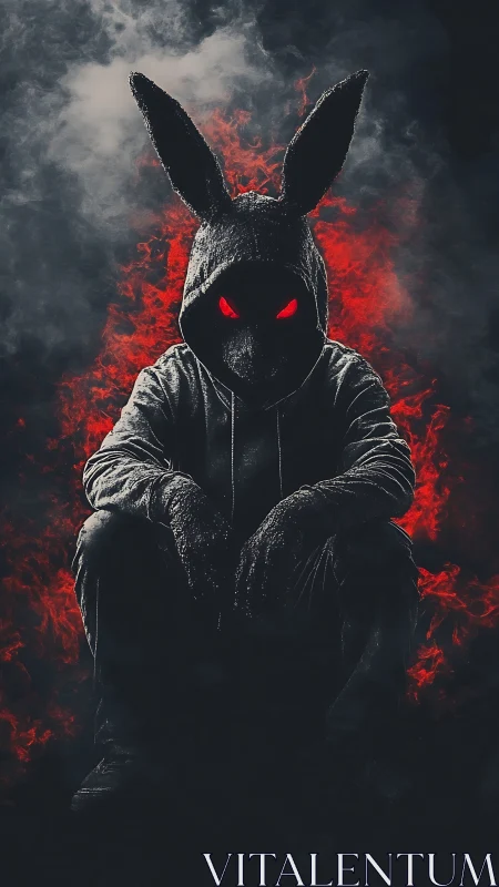 Brooding bunny-hooded figure glowing with red mystery.