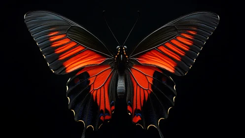 Closeup of black and red butterfly on dark background.