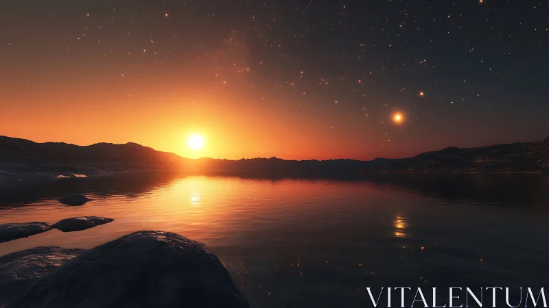 Alien sunset over tranquil water evokes distant serenity