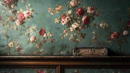 Vintage teal wall blooms with faded floral romance.