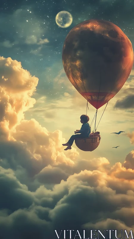 Child in moon-shaped balloon gondola among high clouds.