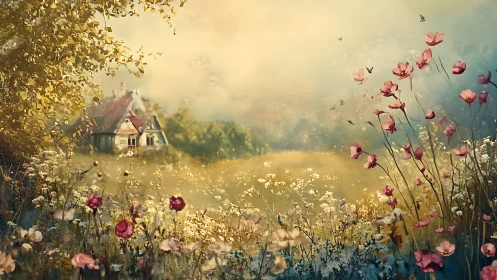 Cottage at dawn wrapped in whispering wildflower daydreams.