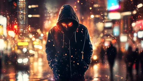 Hooded figure with glowing eyes in night city street scene.