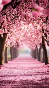 Cherry blossom tree tunnel over petal-covered pathway.