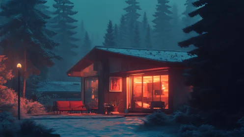 Midnight cabin emberlight in a mist-drenched pine forest.