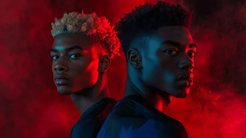 Dual neon portrait contrasts red backlight with cyan rim light