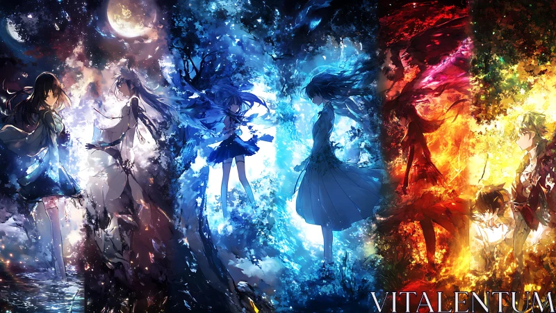 Four-panel anime composition with elemental color regions.