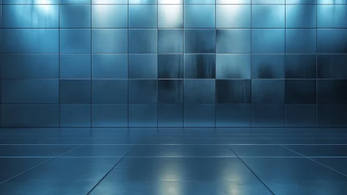 Blue metallic tiled room glows with cool futuristic light.