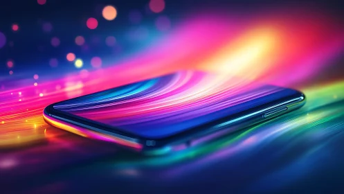 Prismatic smartphone surfing neon data streams at midnight.