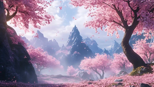Petal-kissed mountain valley unfolds in dreamy pink bloom
