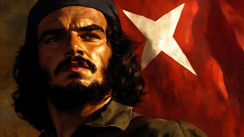 Portrait of bearded man before red flag with white star