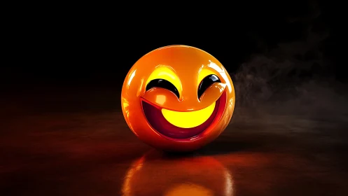Glossy 3D smiley sphere emits intense internal glow on dark stage