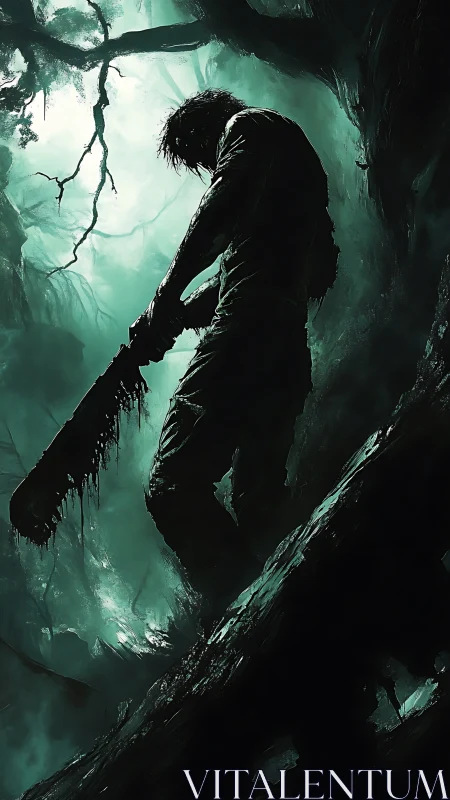 Chainsaw drifter stalks a fog-choked, venom-green forest.