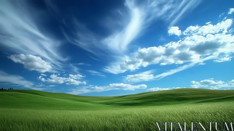 Grassy hills extend under scattered cirrus and cumulus clouds