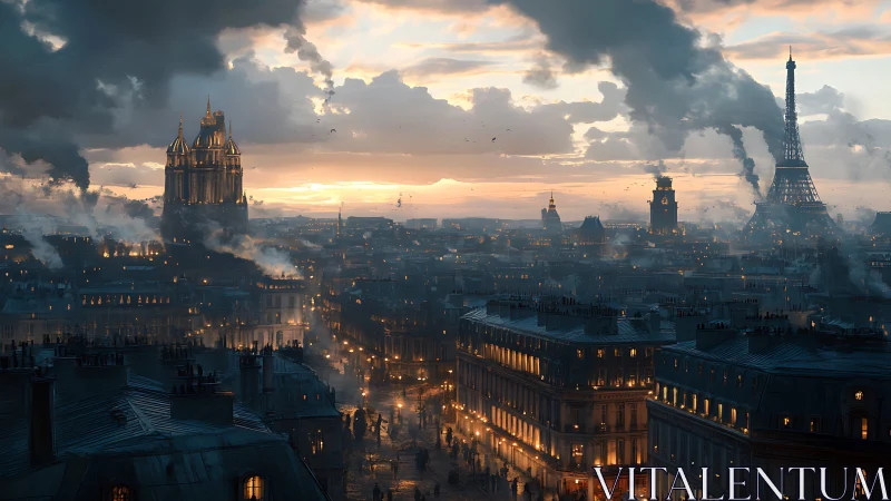 Golden twilight over a smoky, storybook Paris skyline.