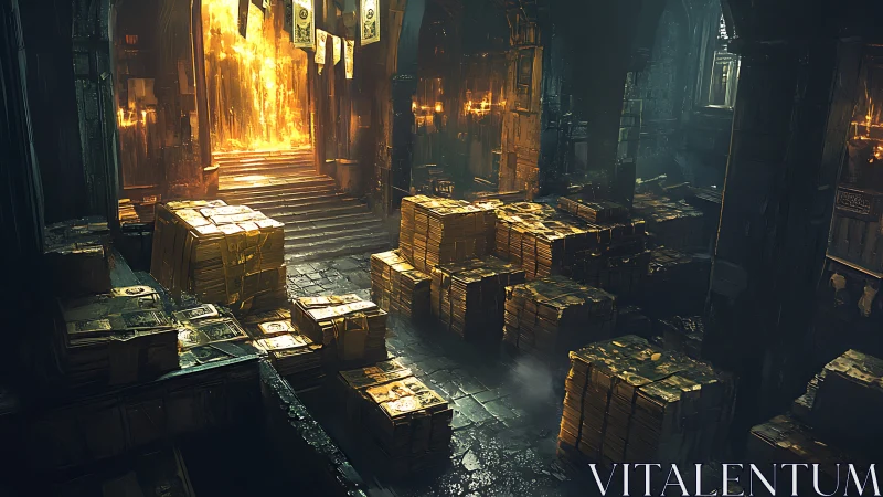 Golden archive hall glowing with mysterious warm light.