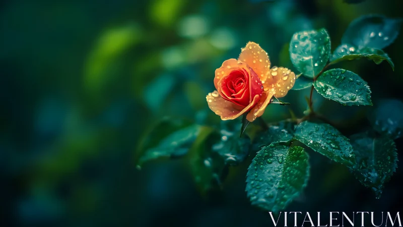 Orange-red Rose with Dew Droplets on Green Foliage