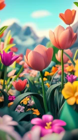 Stylized tulip meadow rendered in vibrant shallow-focus digital art