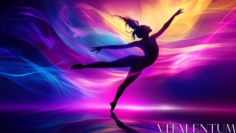 Silhouette dancer leaping through neon light trails in motion.