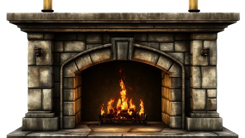 Stone Fireplace with Roaring Fire and Ornamental Gold Mantelscape
