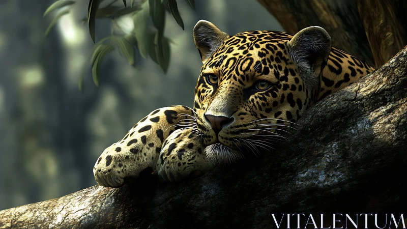 Resting leopard on mossy branch in soft forest bokeh light.