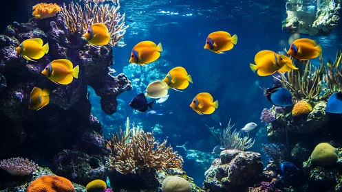 Tropical reef fish school across high-contrast coral formations