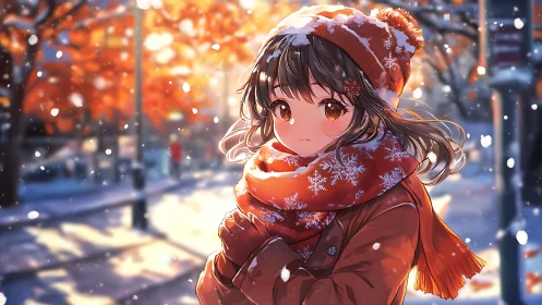 Winter city sidewalk anime girl in orange scarf and hat.
