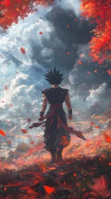 Lone anime warrior on fiery autumn path under stormy sky.