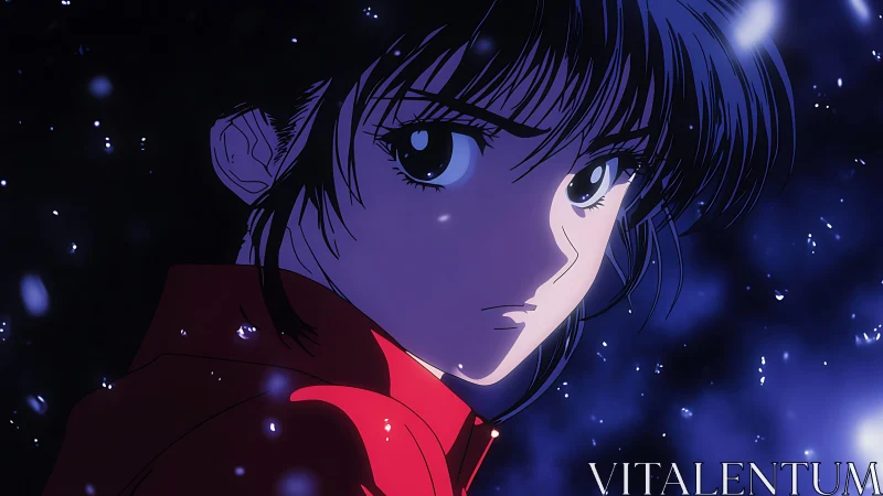 Anime heroine gazes through falling snow in deep blue night