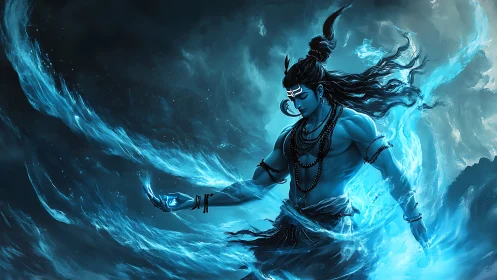 Mythic blue figure stands in swirling luminous energy field