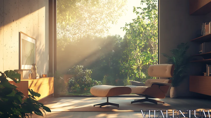Sunlit lounge chair drifts between forest edge and living room
