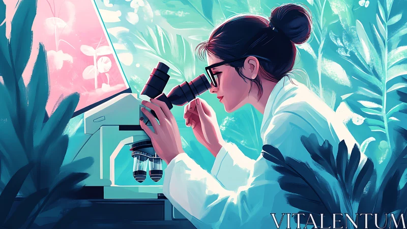 Botanical lab researcher studying samples under microscope.