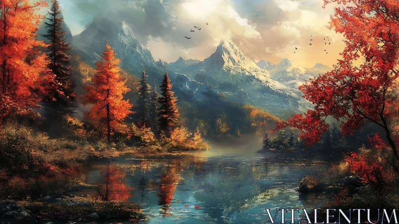 Golden autumn lake beneath tranquil snow capped peaks.