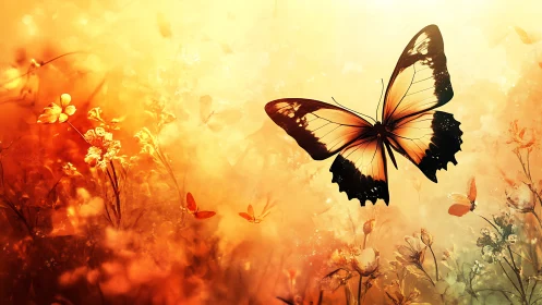Butterfly in backlit orange meadow with soft floral forms.
