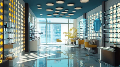 Contemporary eyewear boutique with luminous geometric walls.