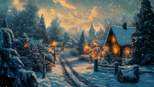 Snowlit village lane with warm lamplight and cabins at dusk.